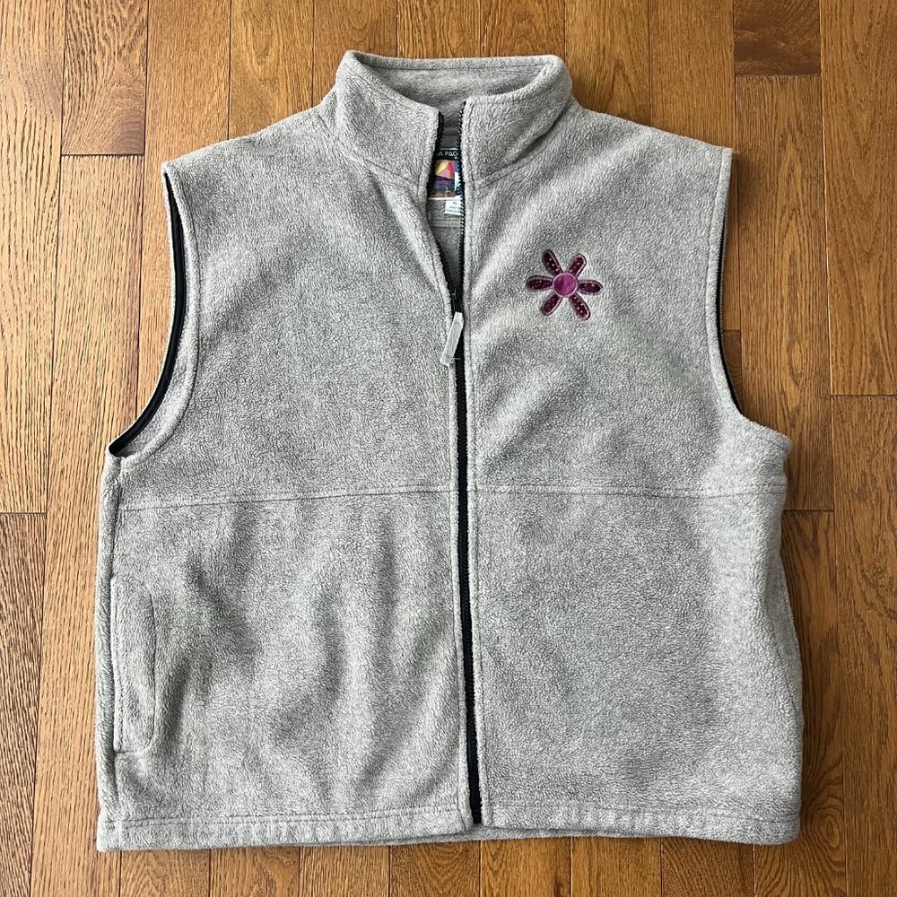 Vintage Sierra Pacific Gray Fleece Vest Y2K Applique‎ Floral Hearts Full Zip XL